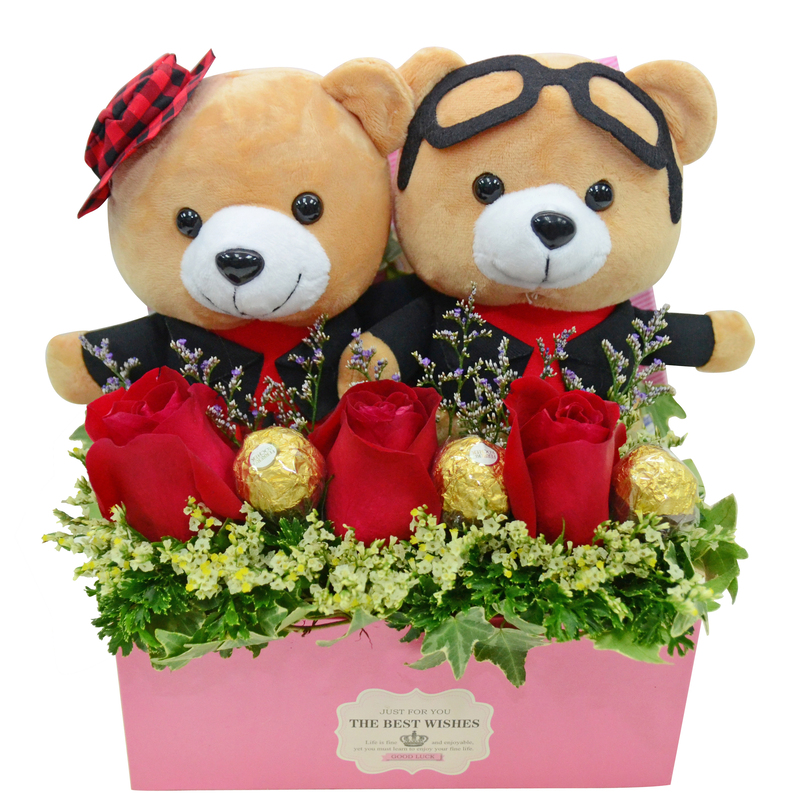 Teddy Pair Romance Flower Box Arrangement